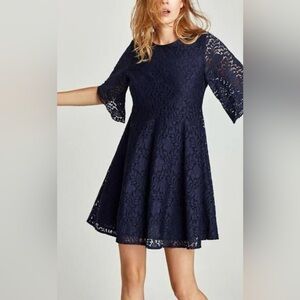 Zara Navy Embroidered Lace A-line Mini Dress